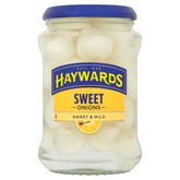 A glass jar of Haywards Sweet Onions Sweet & Mild - 400g, featuring a blue lid and a yellow and blue label clearly marked "Sweet & Mild," contains small white onions in clear liquid, perfect for vegetarians.